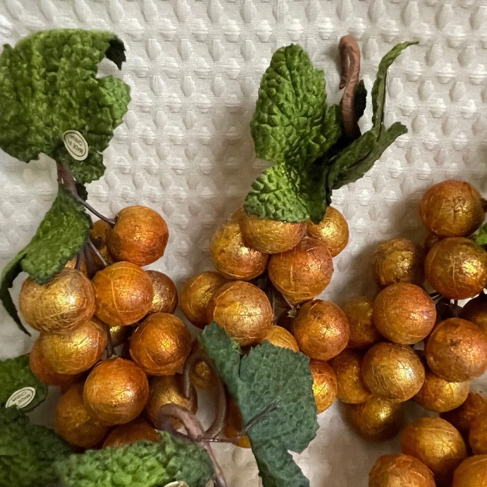 Decorative Artificial Grape Clusters Set of 12 Gold Orange Hard Plastic Textured